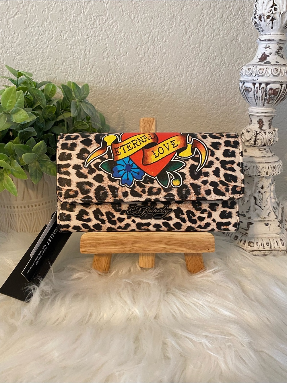 Ed Hardy Leopard Print Wallet with Multicolor Tattoo Accents